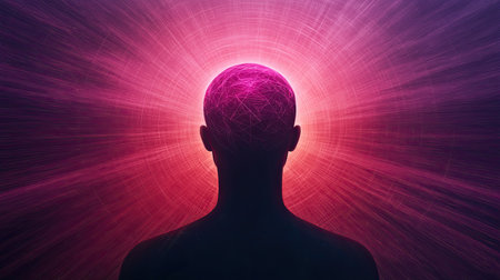 A silhouette of a human head with vibrant energy radiating outward, symbolizing consciousness and mental awakening.の素材