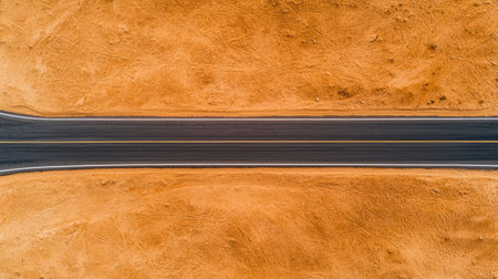 Aerial view of a long, straight road cutting through a vast, sandy landscape, highlighting the contrast between the asphalt and the surrounding terrain.の素材
