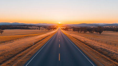A serene landscape featuring a straight road leading towards a vibrant sunset over golden fields and distant hills.の素材