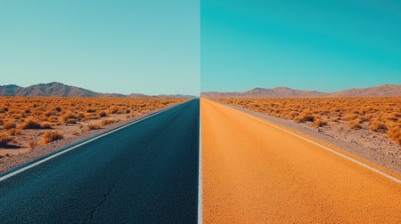 A split image showing two contrasting desert roads: one dark and asphalt, the other light and sandy, under a clear blue sky.の素材