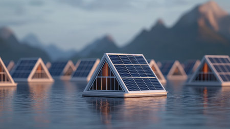 The image depicts solar panels in a pyramid shape floating on water, surrounded by mountains, highlighting renewable energy and innovation.の素材
