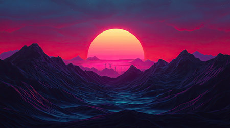 A vibrant digital landscape featuring a large, glowing sun setting behind dark, majestic mountains, creating a surreal and atmospheric scene.の素材
