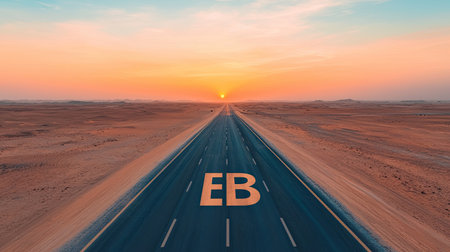 A vast desert road stretches towards the horizon, where a vibrant sunset illuminates the sky, featuring the letters "EB" painted on the asphalt.の素材
