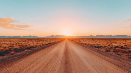 A serene dirt road stretches toward a vibrant sunset, surrounded by vast landscapes and distant mountains under a clear sky.の素材