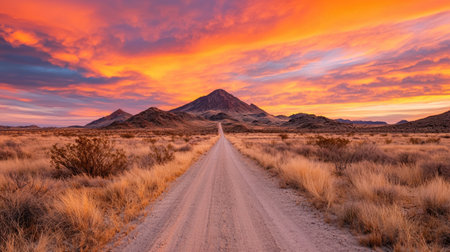 A scenic dirt road leads towards a majestic mountain under a vibrant sunset sky filled with orange, pink, and purple hues.の素材