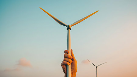 A hand holds a miniature wind turbine against a sunset sky, symbolizing renewable energy and sustainability.の素材