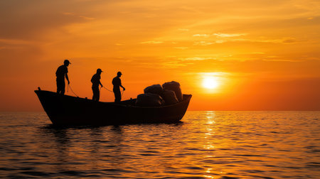Fishermen silhouetted against a stunning sunset, working on a boat in calm waters, creating a serene and picturesque scene.の素材