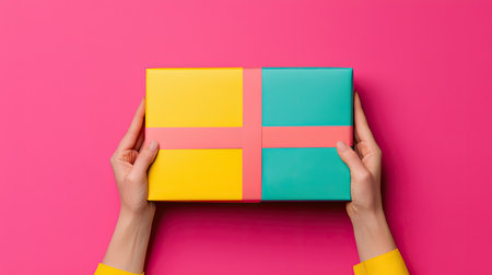 A colorful gift box held against a vibrant pink background, showcasing a playful design with yellow and teal sections.の素材
