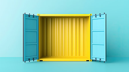 A vibrant, empty shipping container with blue doors, set against a turquoise background, creating a modern and minimalistic look.の素材