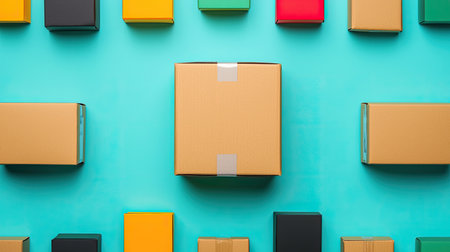 A flat lay of assorted colorful boxes on a teal background, highlighting a central brown box, creating a vibrant and organized composition.の素材