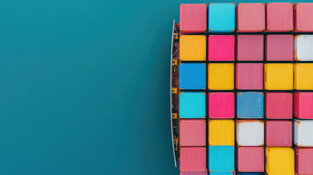 A vibrant aerial view of a cargo ship laden with colorful containers against a turquoise background.の素材