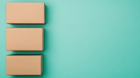 Three plain cardboard boxes arranged on a mint green background, emphasizing minimalism and packaging.の素材