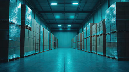 A spacious warehouse with neatly stacked boxes under blue ambient lighting, creating a modern and organized atmosphere.の素材
