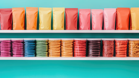 A vibrant display of colorful packaging and treats on a shelf, creating an inviting and playful atmosphere.の素材