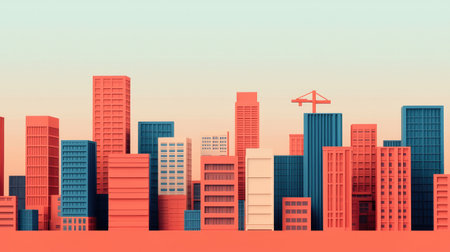 A stylized city skyline featuring a variety of colorful buildings and a construction crane against a soft gradient background.の素材