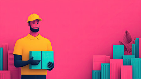 A colorful illustration of a delivery person in a bright cap, holding a package, set against a vibrant background of stylized buildings.の素材