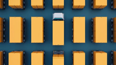 Aerial view of numerous yellow delivery trucks arranged in a grid, highlighting a central white truck.の素材