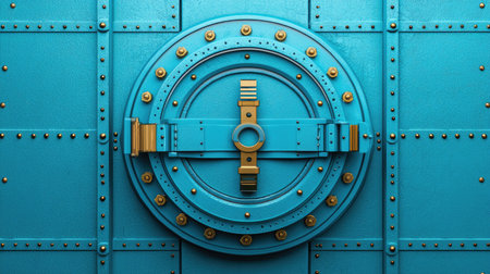A vibrant turquoise vault door featuring metallic details, emphasizing security and strength in design.の素材