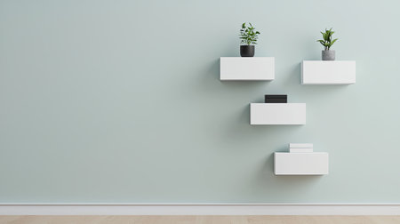 A minimalist wall display featuring white floating shelves adorned with small potted plants against a light green background.の素材