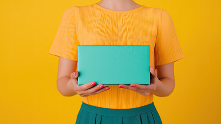 A person in a bright yellow top holds a turquoise box against a vibrant yellow background, creating a cheerful and colorful contrast.の素材
