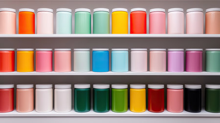 A vibrant display of colorful paint jars neatly arranged on shelves, showcasing a variety of hues for creative projects.の素材