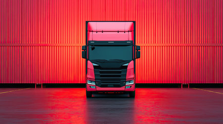 A striking red truck stands prominently against a vibrant backdrop of containers, showcasing modern design and industrial aesthetic.の素材