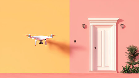 A drone hovers near a white door on a colorful wall, blending modern technology with a vibrant and stylish environment.の素材