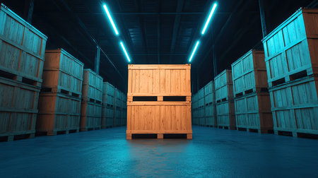 A wooden crate stands prominently in a dimly lit warehouse, surrounded by rows of identical crates illuminated by blue neon lights.の素材