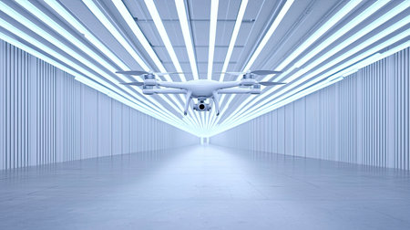 A sleek drone hovers in a modern, illuminated space with bright lines creating a futuristic atmosphere.の素材