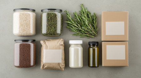 A neatly arranged collection of jars and containers filled with various herbs, spices, and ingredients on a neutral background.の素材