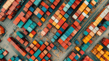 Aerial view of a colorful shipping container yard, showcasing a variety of containers arranged neatly on a concrete surface.の素材