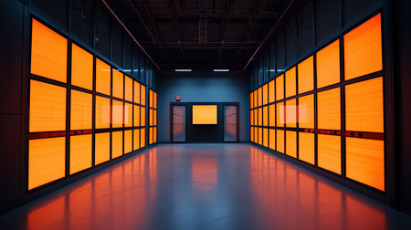 A dimly lit corridor with vibrant orange panels on the walls, creating a striking visual contrast against the dark surroundings.の素材