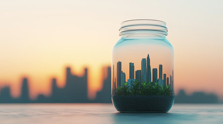 A glass jar filled with a miniature cityscape and greenery, set against a stunning sunset backdrop, symbolizing urban nature coexistence.の素材