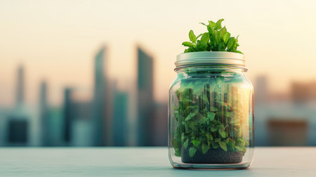 A glass jar filled with fresh greens stands against a city skyline, symbolizing urban gardening and sustainability in a modern environment.の素材