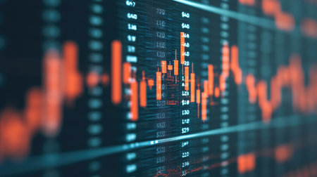 A close-up of a financial chart displaying fluctuating trends, with vibrant orange lines against a dark background, illustrating market movements.の素材