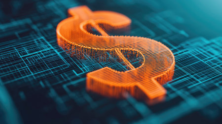 A glowing dollar sign stands out against a digital background, symbolizing finance, technology, and economic growth.の素材