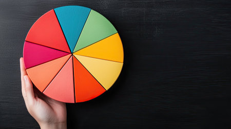 A colorful pie chart held by a hand, showcasing various segments in vibrant hues against a dark background.の素材