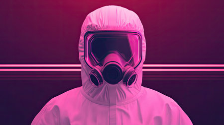 A person in a protective suit and gas mask, set against a vibrant pink background, suggesting themes of safety and contamination.の素材