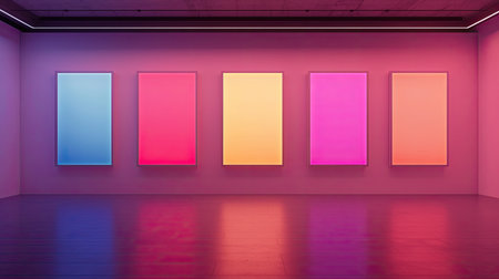 A modern gallery featuring five colorful canvases against a vibrant wall, reflecting contemporary art aesthetics.の素材