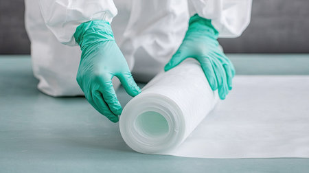 A person in gloves rolls out a sheet of protective material on a surface, emphasizing cleanliness and safety in a professional environment.の素材