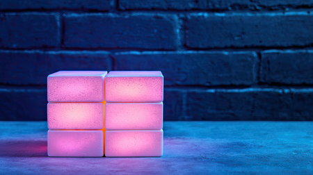 A set of glowing blocks in vibrant colors against a dark brick wall, creating a striking contrast and atmospheric ambiance.の素材