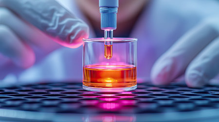A laboratory technician uses a pipette to transfer liquid into a glass container, creating a vibrant orange solution under focused lighting.の素材