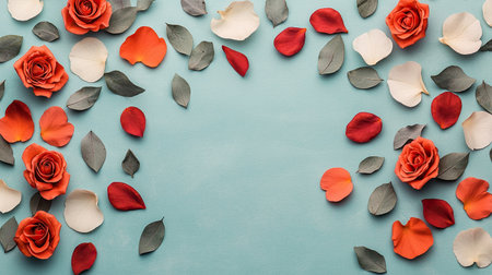 A serene arrangement of colorful rose petals and leaves on a light blue background, creating a tranquil and romantic atmosphere.の素材