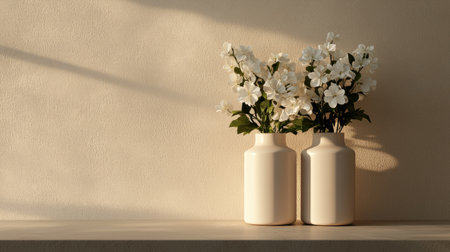 A serene arrangement of two white vases holding delicate flowers, casting soft shadows on a textured wall, evoking tranquility and elegance.の素材