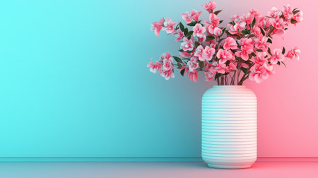 A vibrant vase of pink flowers against a gradient backdrop of teal and pink, creating a visually striking and modern aesthetic.の素材