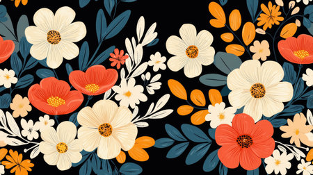 A vibrant floral pattern featuring white, red, and orange flowers against a black background, creating a striking and lively design.の素材