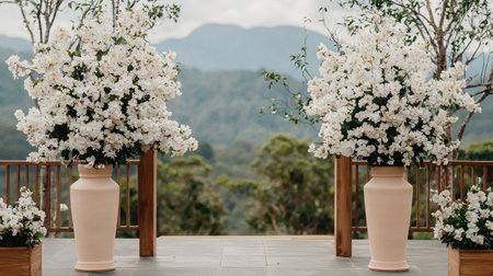 Elegant outdoor floral arrangement featuring large white blooms in planters, set against a scenic mountainous backdrop.の素材