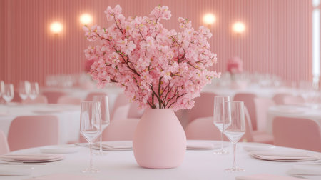 A stylish dining setup featuring a pink vase with cherry blossoms, surrounded by elegant tableware in a warm, pink-themed environment.の素材