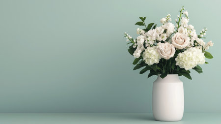 A serene arrangement of white flowers in a minimalist vase against a soft green background, creating a calm and elegant atmosphere.の素材