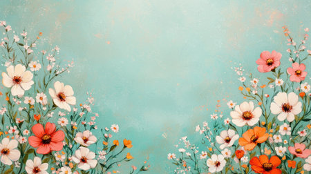 A vibrant floral design with colorful flowers on a soft teal background, creating a cheerful and inviting atmosphere.の素材